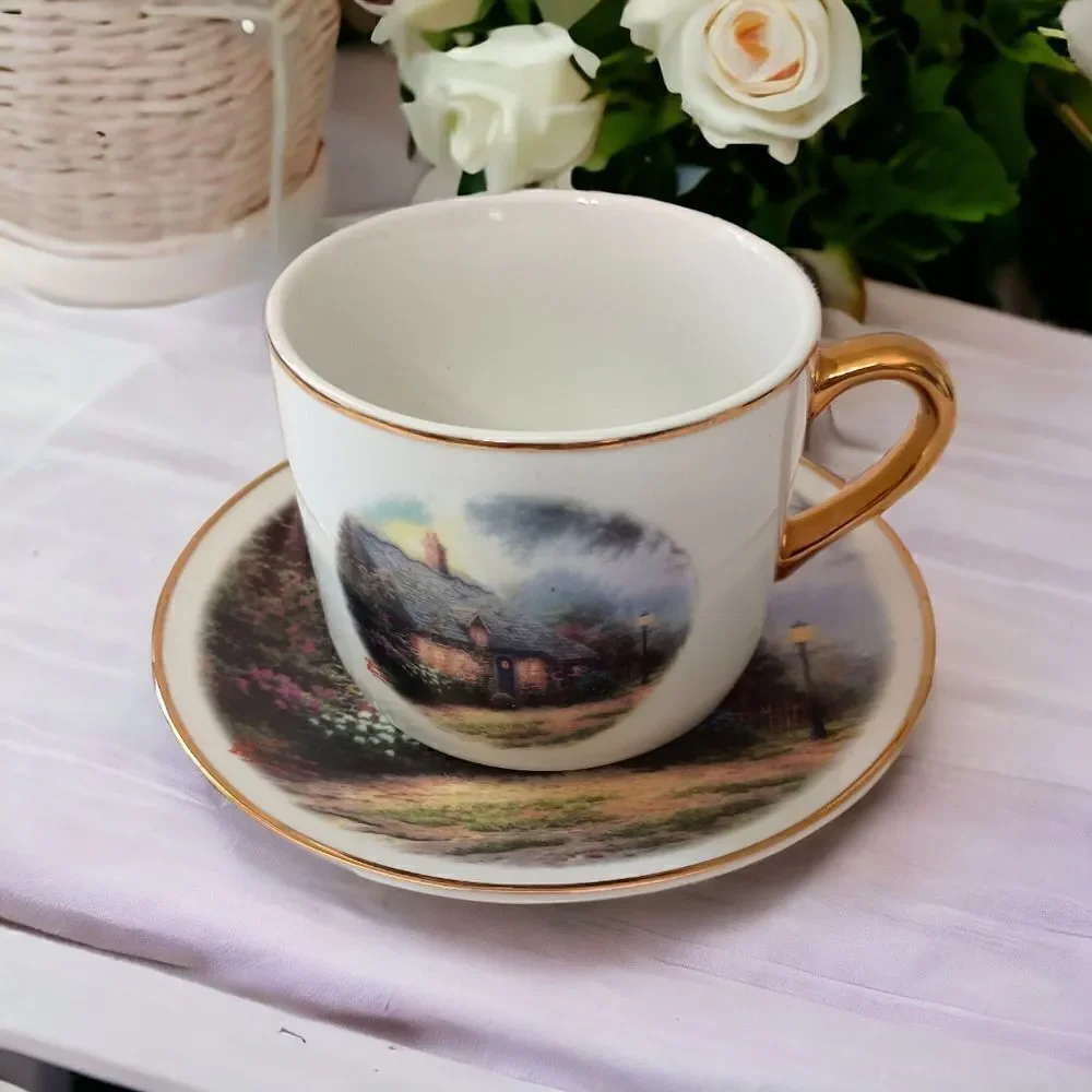 Thomas Kinkade Moonlight Cottage Tea Cup Saucer‎ Vase Teleflora Gold Trim Set